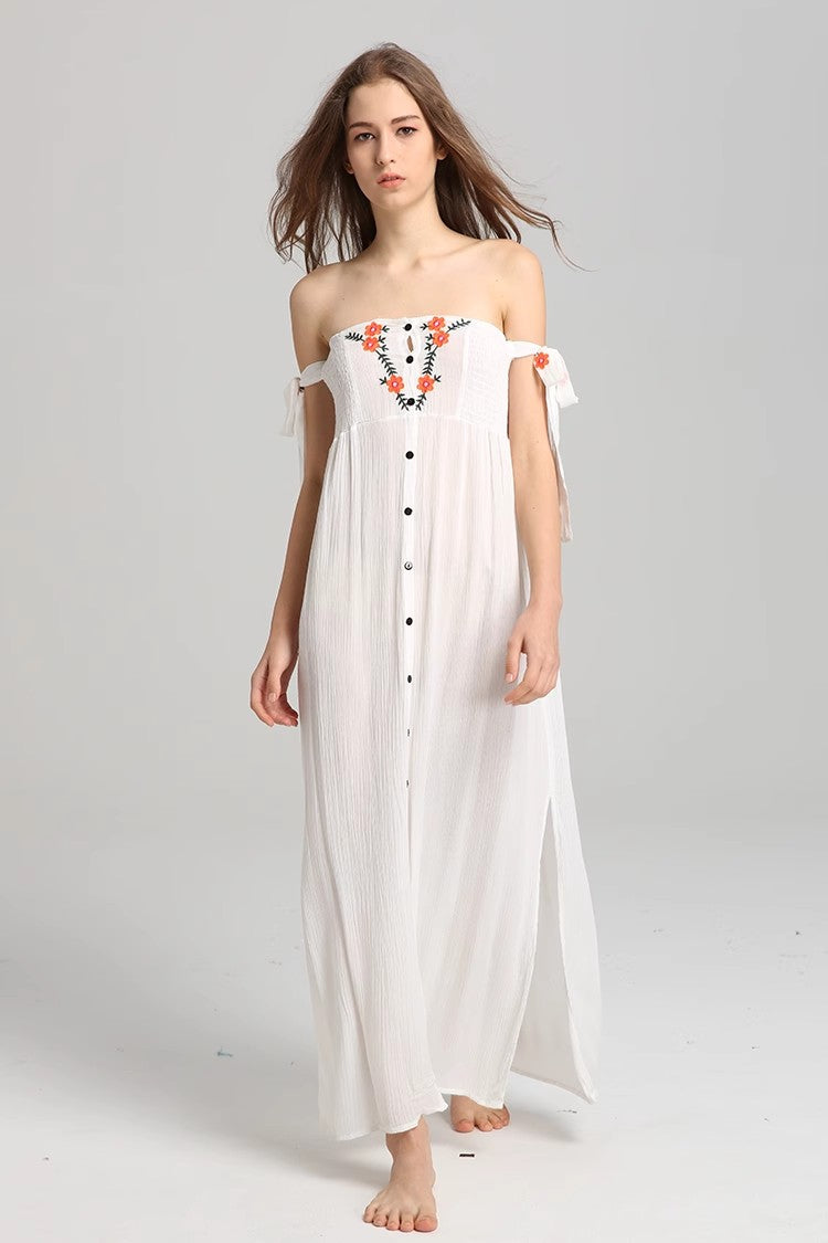 Ärmelloses Sommerkleid mit bestickten Knöpfen und Blumenmuster für Damen