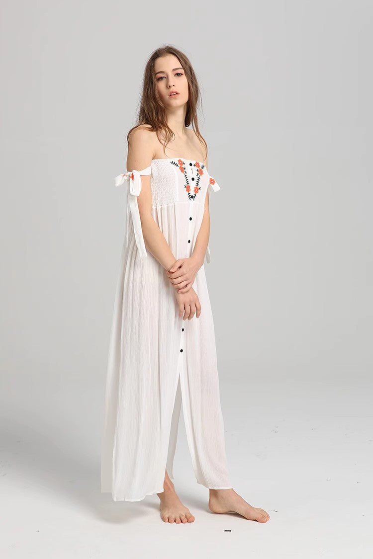 Ärmelloses Sommerkleid mit bestickten Knöpfen und Blumenmuster für Damen