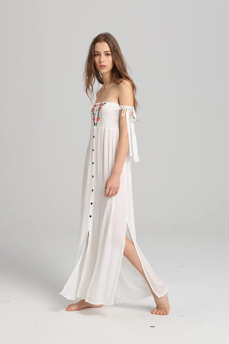 Ärmelloses Sommerkleid mit bestickten Knöpfen und Blumenmuster für Damen