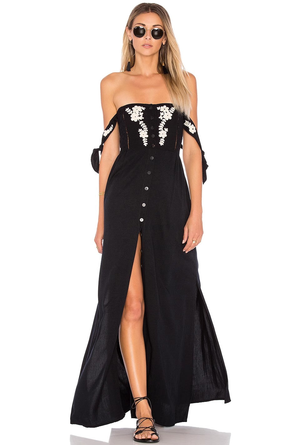 Ärmelloses Sommerkleid mit bestickten Knöpfen und Blumenmuster für Damen