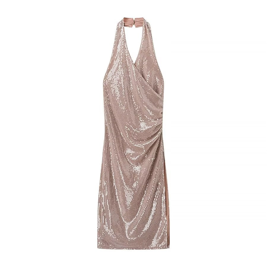 Damen Französisches Neckholderkleid mit Pailletten und Plissee