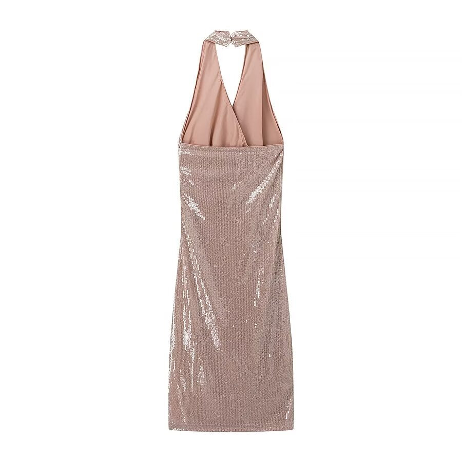 Damen Französisches Neckholderkleid mit Pailletten und Plissee