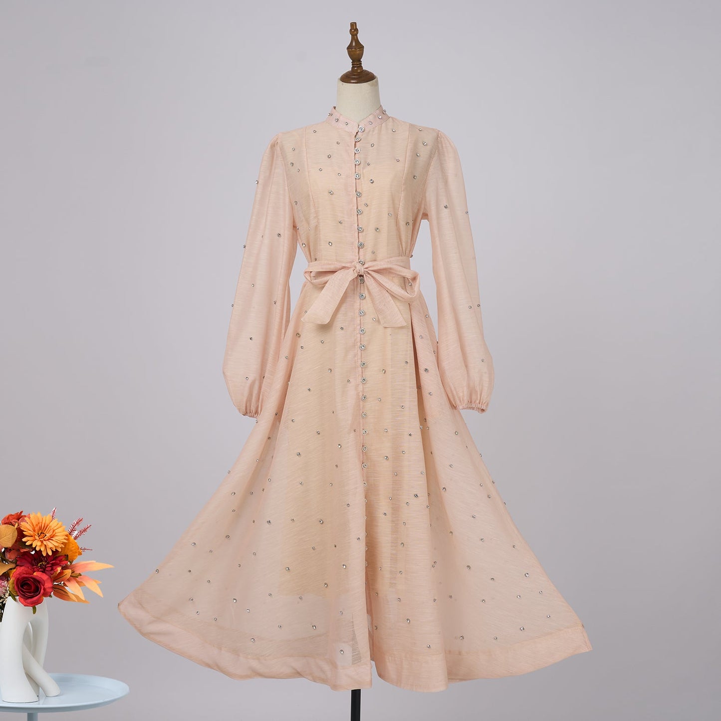 Damen Frühling und Herbst Einfarbig Gürtel A-Linie Kleid mit Hosenträgern