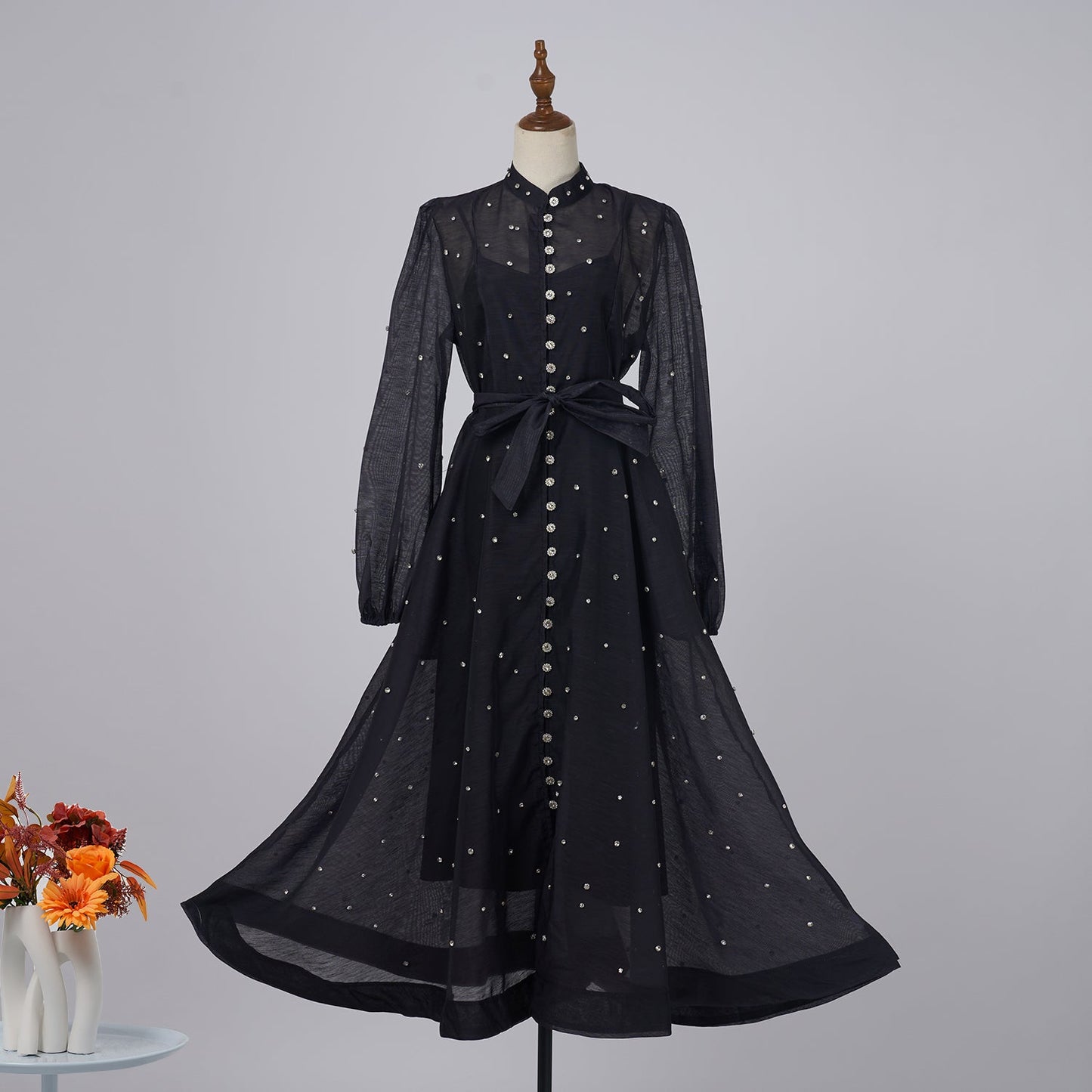 Damen Frühling und Herbst Einfarbig Gürtel A-Linie Kleid mit Hosenträgern