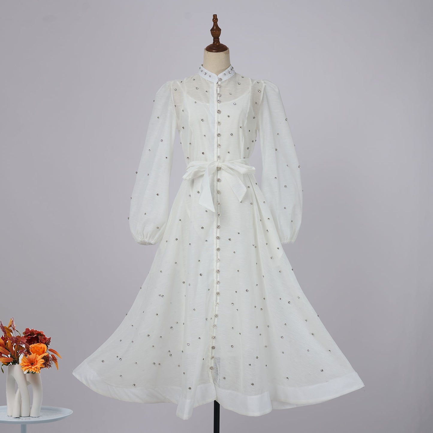 Damen Frühling und Herbst Einfarbig Gürtel A-Linie Kleid mit Hosenträgern
