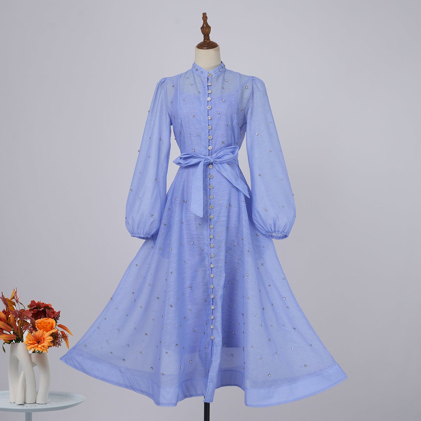 Damen Frühling und Herbst Einfarbig Gürtel A-Linie Kleid mit Hosenträgern