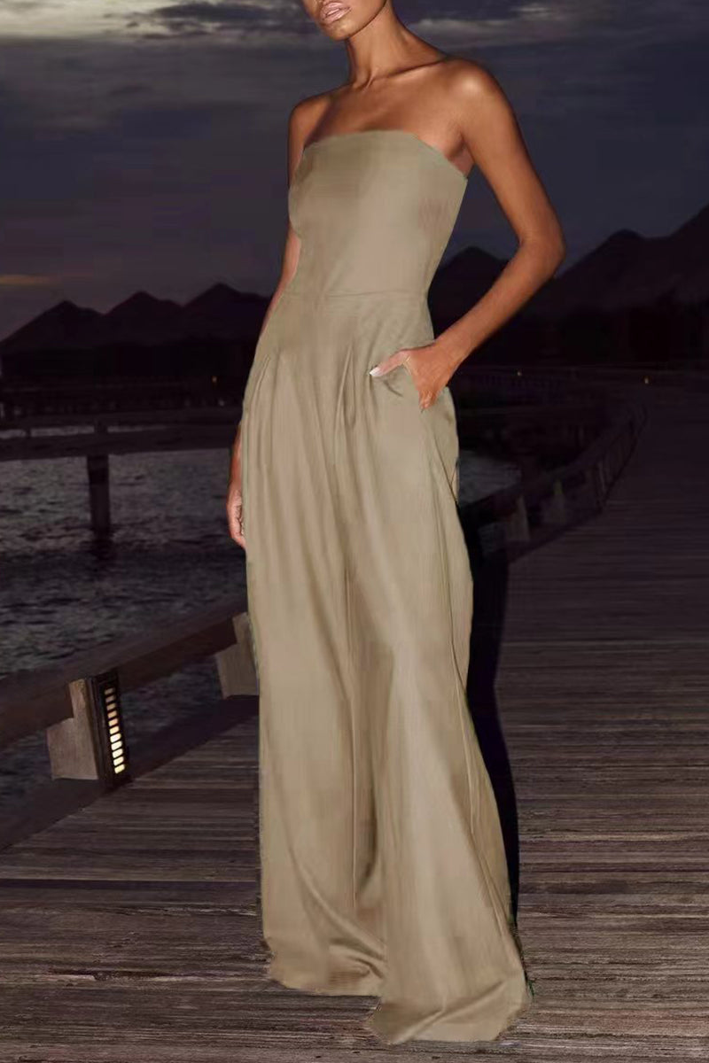 Casual Solid Color Pocket Patchwork Backless Strapless Loose Jumpsuits