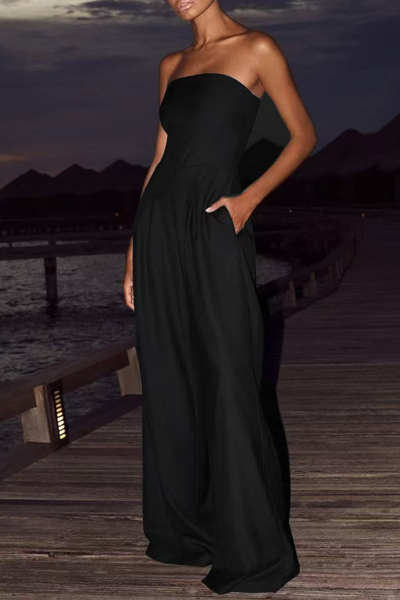 Casual Solid Color Pocket Patchwork Backless Strapless Loose Jumpsuits
