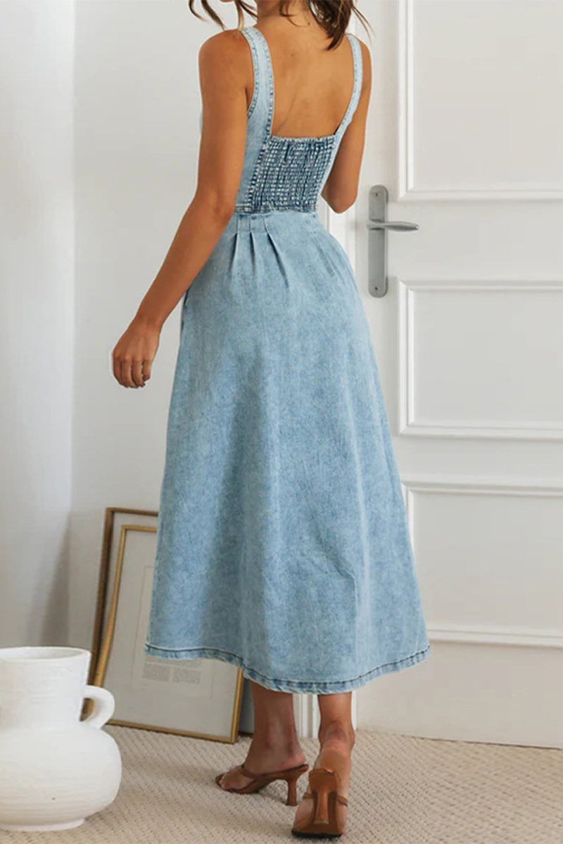 Elegante einfarbige Knöpfe Patchwork V-Ausschnitt ärmellose Jeanskleider