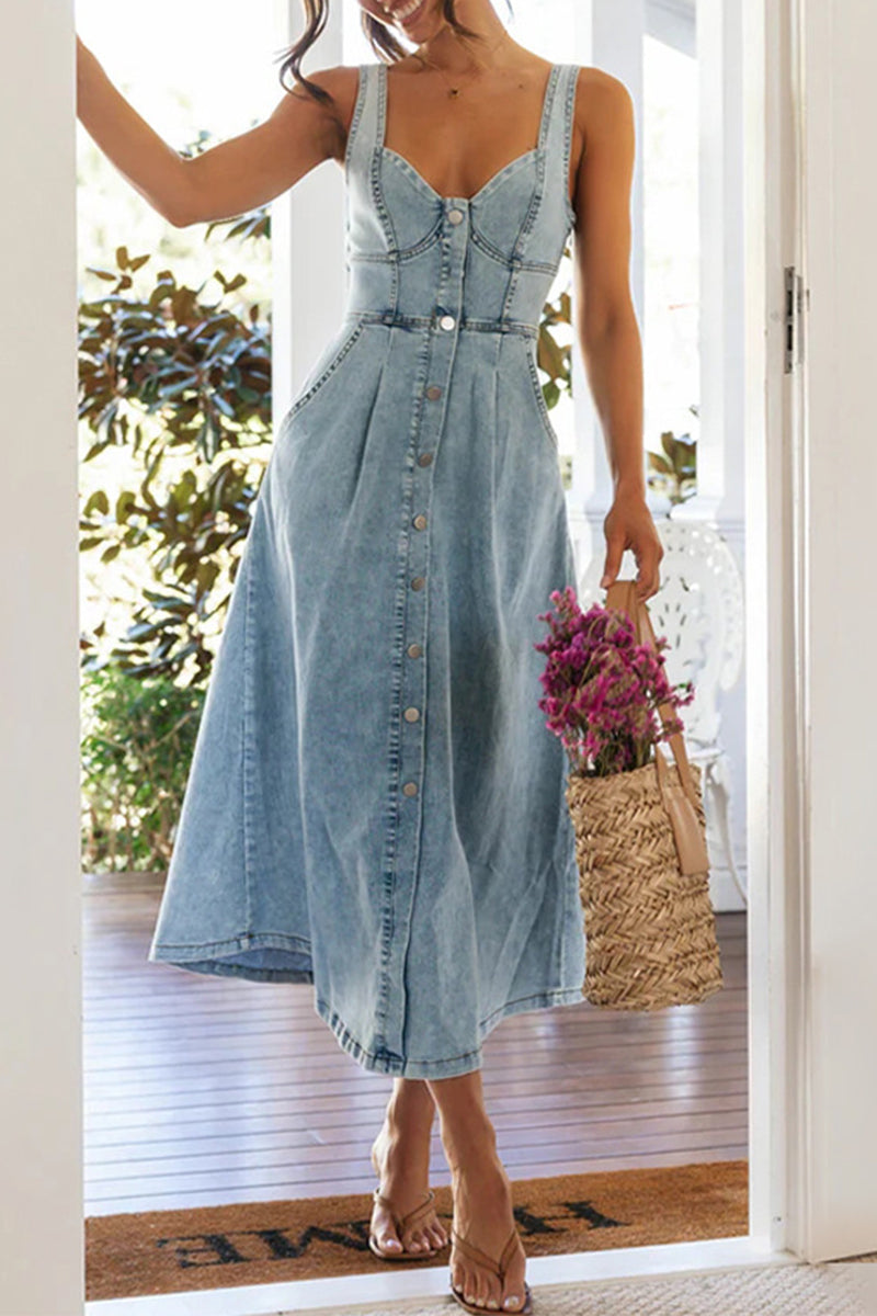 Elegante einfarbige Knöpfe Patchwork V-Ausschnitt ärmellose Jeanskleider