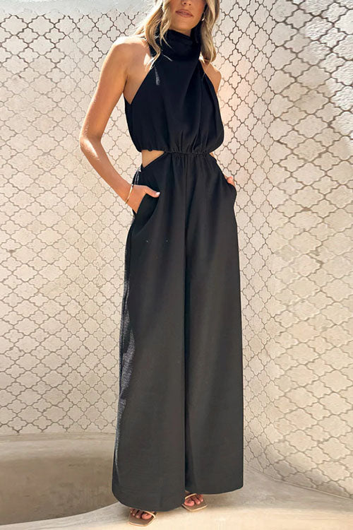 Fashion Solid Color Halter Neck Pocket Jumpsuit