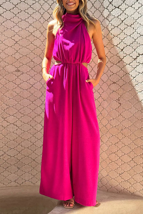 Fashion Solid Color Halter Neck Pocket Jumpsuit