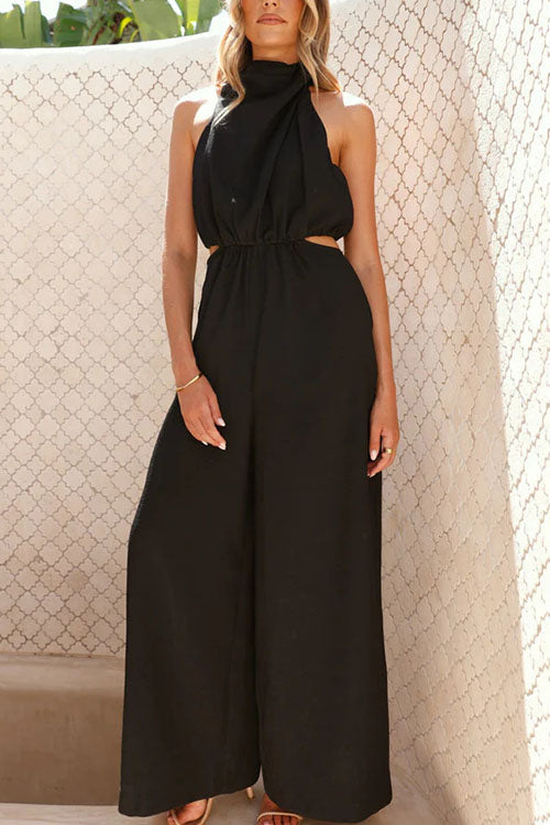 Fashion Solid Color Halter Neck Pocket Jumpsuit