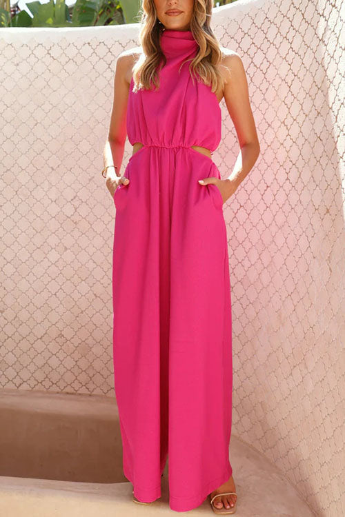 Fashion Solid Color Halter Neck Pocket Jumpsuit