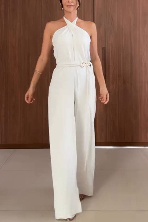 Halter Neck Solid Color Sleeveless Jumpsuit