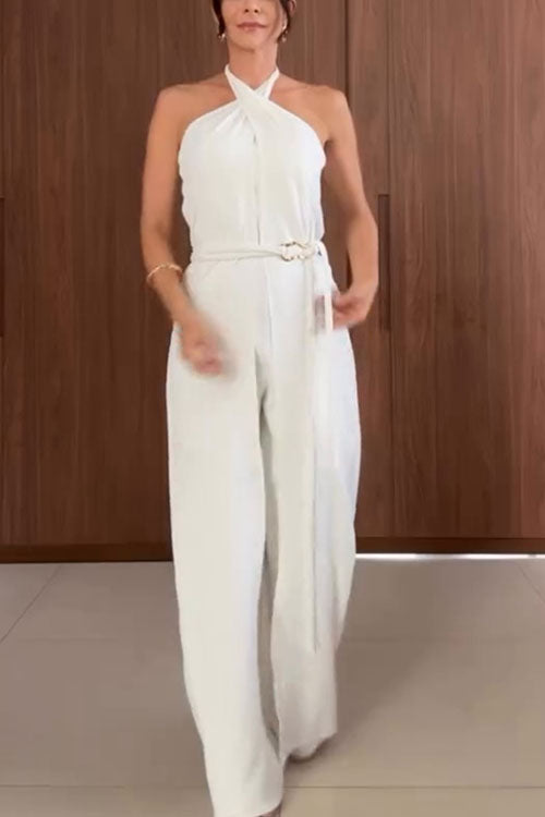 Halter Neck Solid Color Sleeveless Jumpsuit