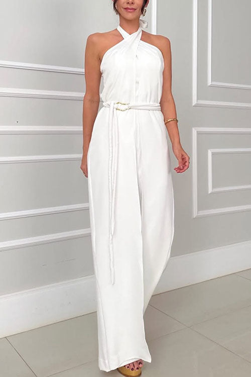 Halter Neck Solid Color Sleeveless Jumpsuit