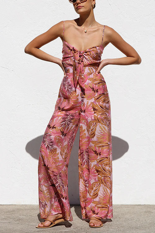 Printed Lace-up Wide-leg Suspender Jumpsuit