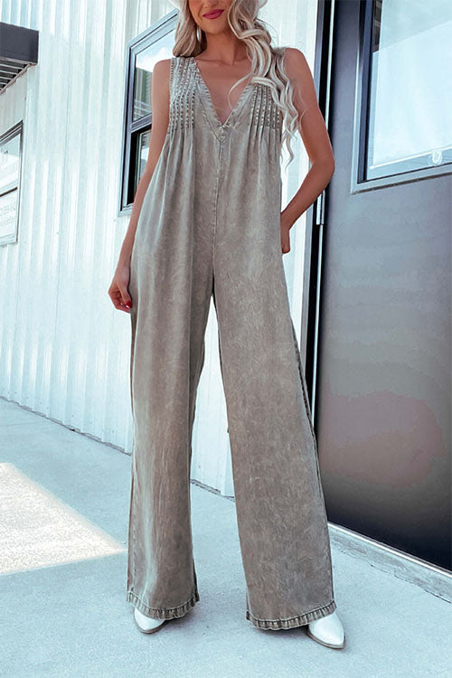 Backless Washed Sleeveless Denim Jumpsuit