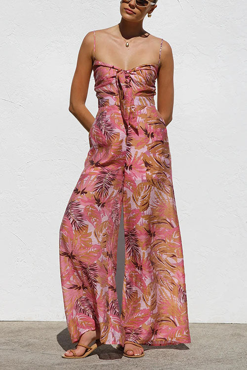 Printed Lace-up Wide-leg Suspender Jumpsuit