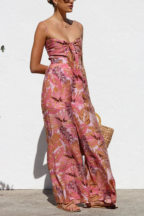 Printed Lace-up Wide-leg Suspender Jumpsuit