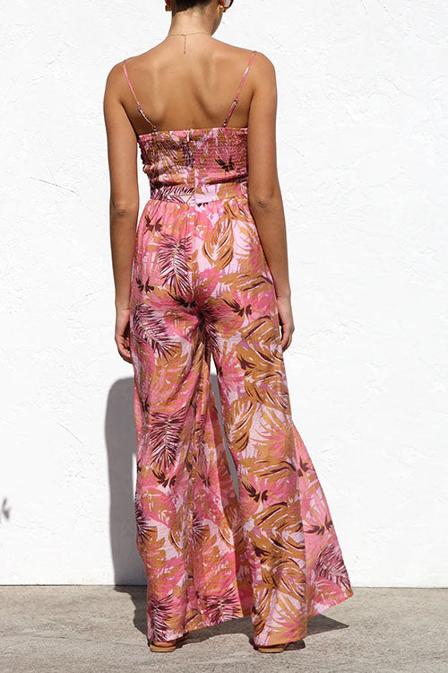Printed Lace-up Wide-leg Suspender Jumpsuit