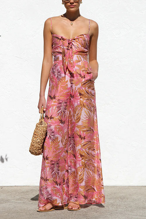 Printed Lace-up Wide-leg Suspender Jumpsuit