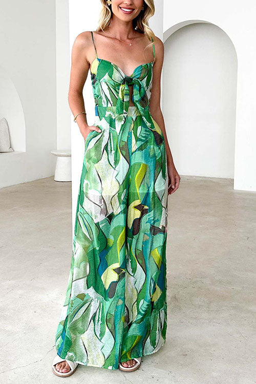 Printed Suspenders And Bow Holiday Jumpsuit
