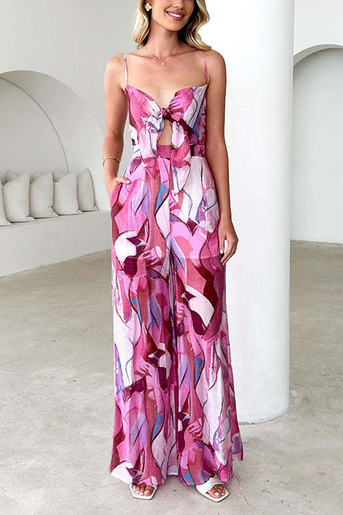 Printed Suspenders And Bow Holiday Jumpsuit