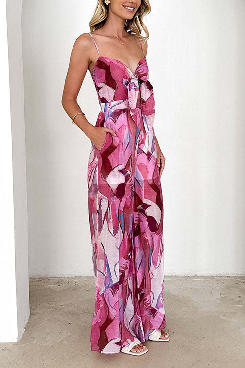 Printed Suspenders And Bow Holiday Jumpsuit
