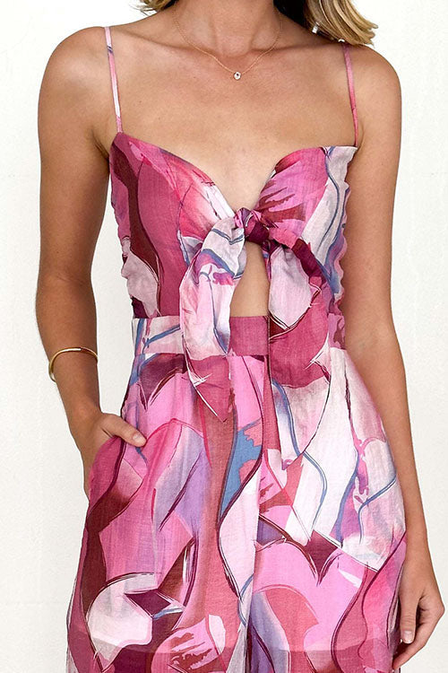 Printed Suspenders And Bow Holiday Jumpsuit