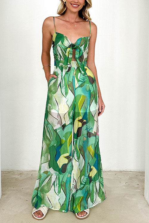 Printed Suspenders And Bow Holiday Jumpsuit