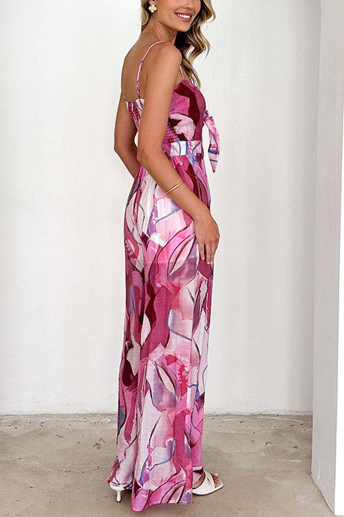 Printed Suspenders And Bow Holiday Jumpsuit