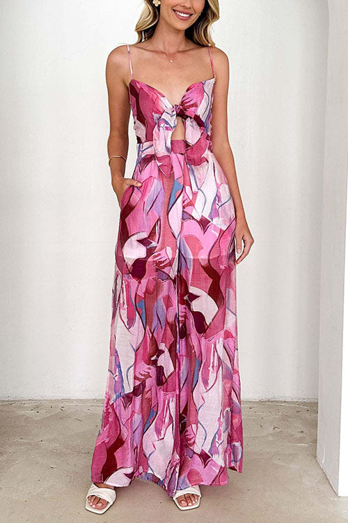 Printed Suspenders And Bow Holiday Jumpsuit
