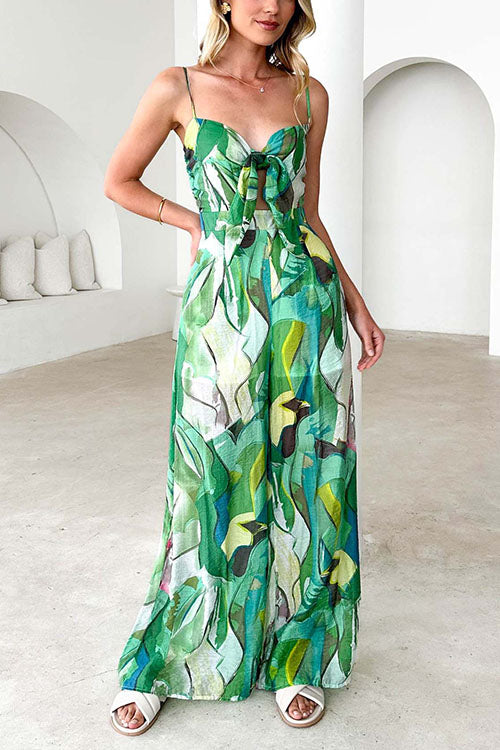 Printed Suspenders And Bow Holiday Jumpsuit