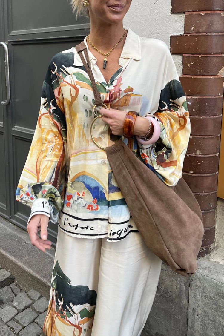 Ellison Unique Print Button Up Long Balloon Sleeve Loose Blouse