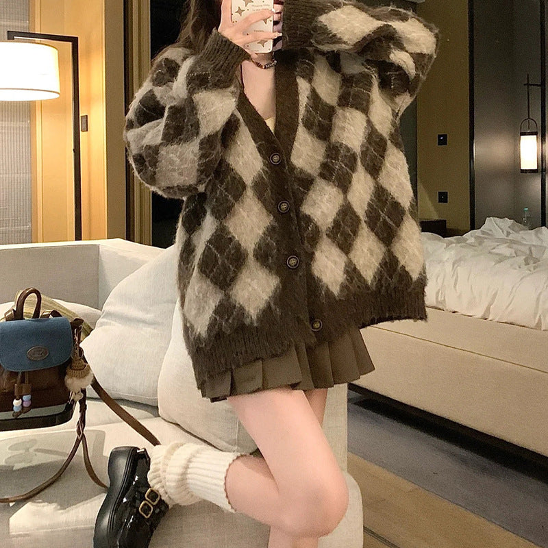 Long Wool Knitted Cardigan Top Women's Early Autumn Temperament Wild Loose Plaid Sweater Coat