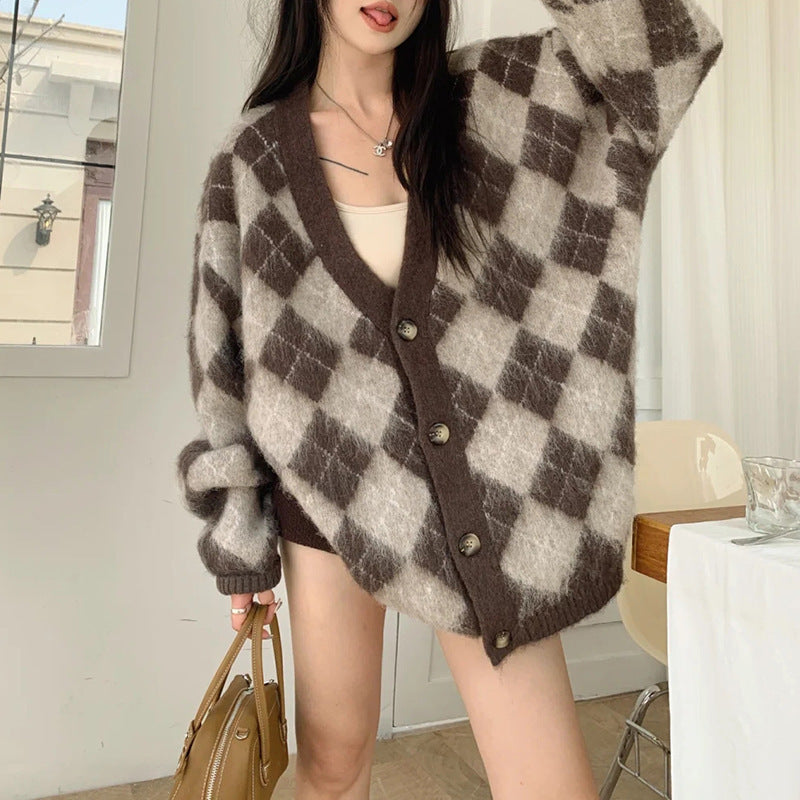 Long Wool Knitted Cardigan Top Women's Early Autumn Temperament Wild Loose Plaid Sweater Coat