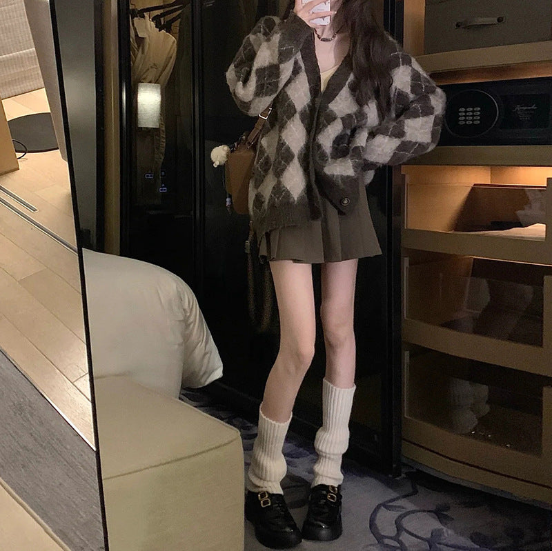 Long Wool Knitted Cardigan Top Women's Early Autumn Temperament Wild Loose Plaid Sweater Coat