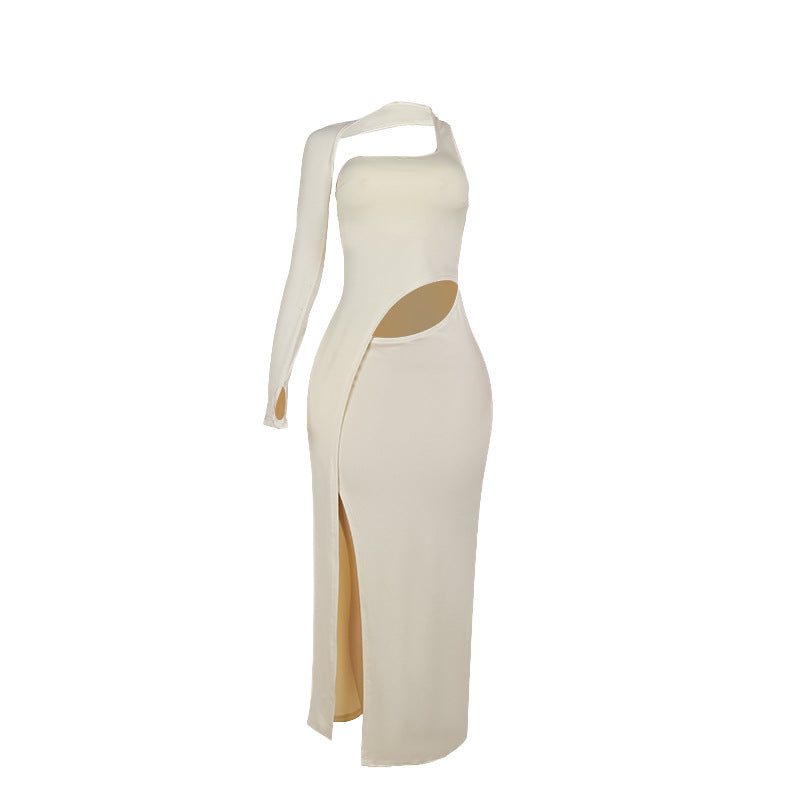 Herbst Elegante Sexy Design Aushöhlen Ausschnitt Single Sleeve Split Kleid Frauen