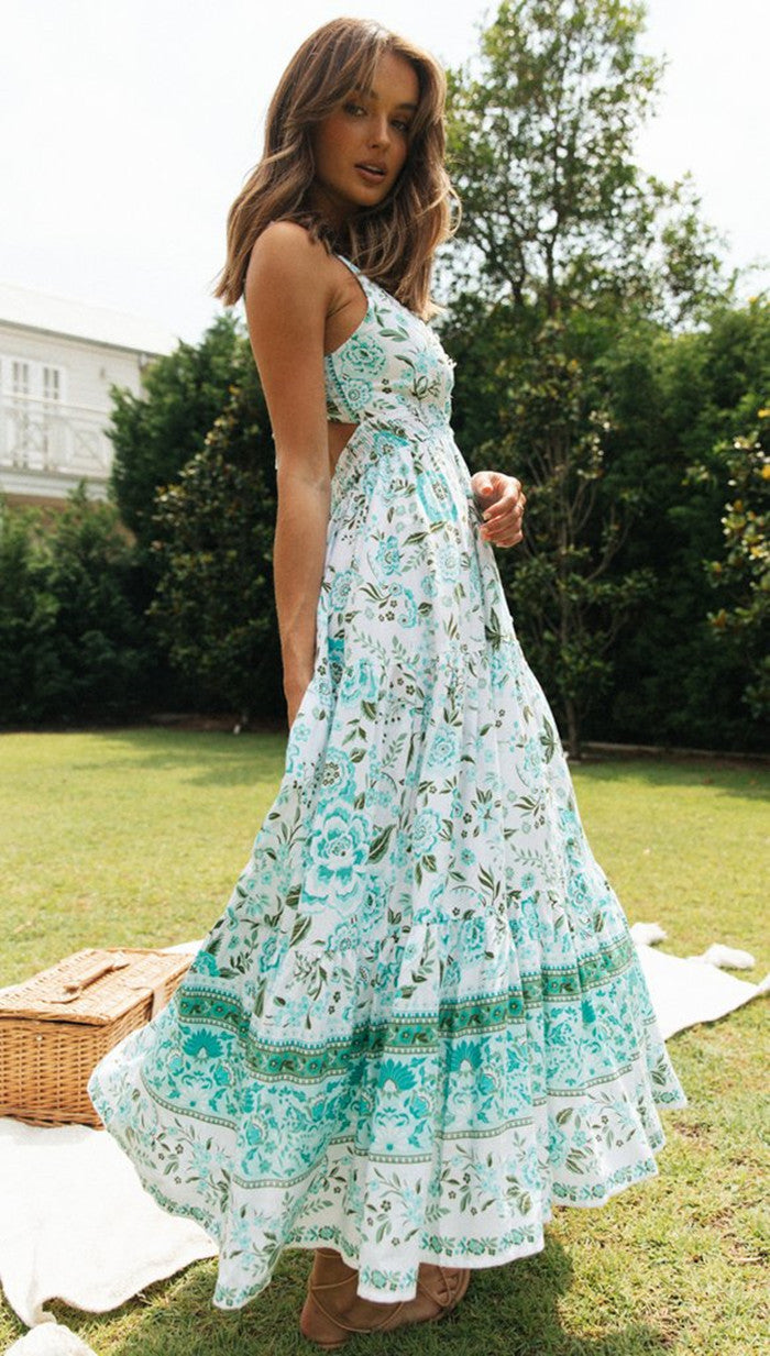 Damen V-Ausschnitt Positionierung Floral Maxikleid Rückenfreies Schnürkleid