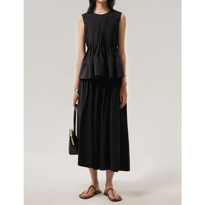 Woolen Cotton Tucker Pleats Sleeveless Bud Top Mid-length Dress Set
