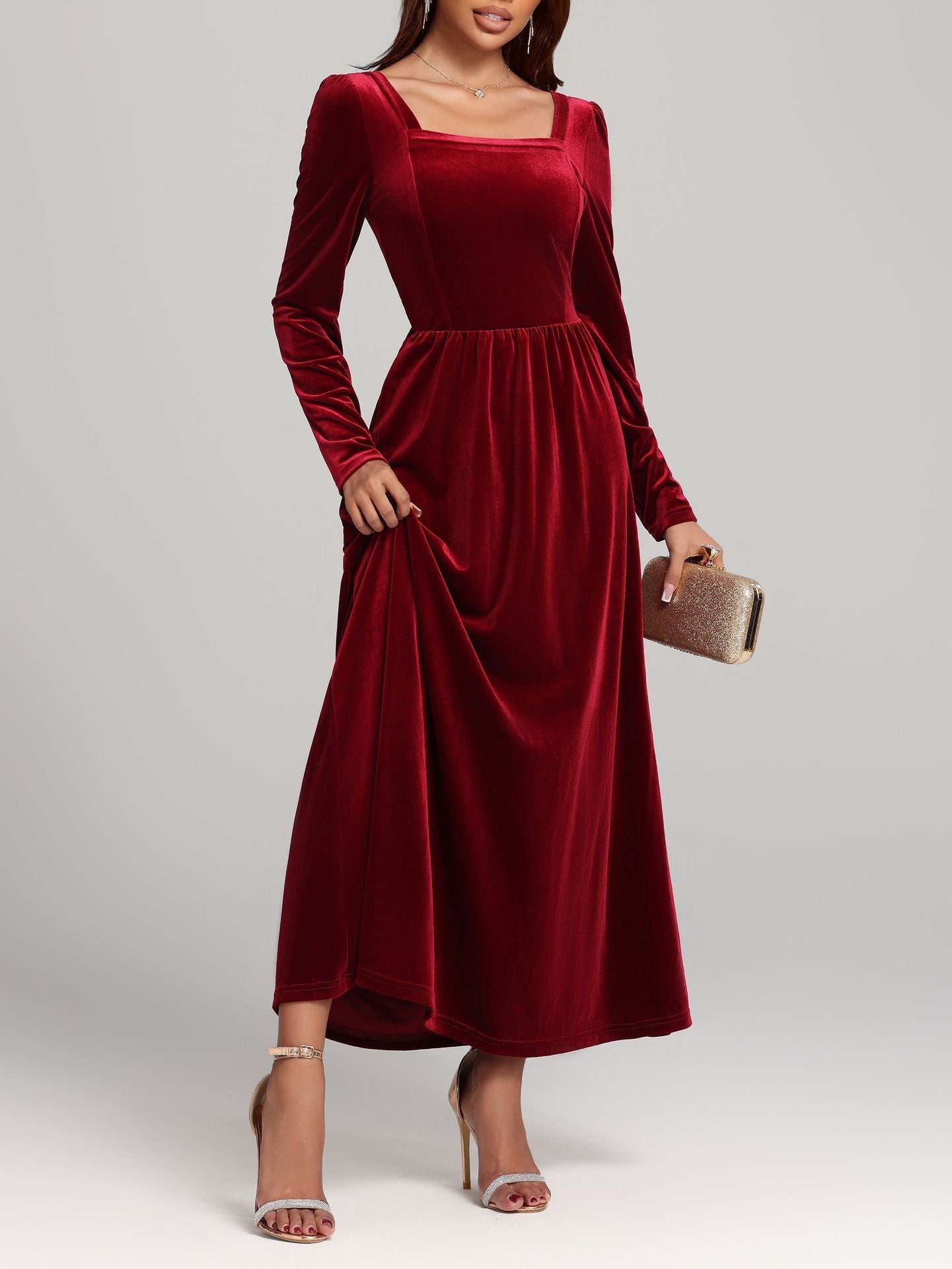Herbst Winter Rotes Abend Maxikleid Pleuche Kleid