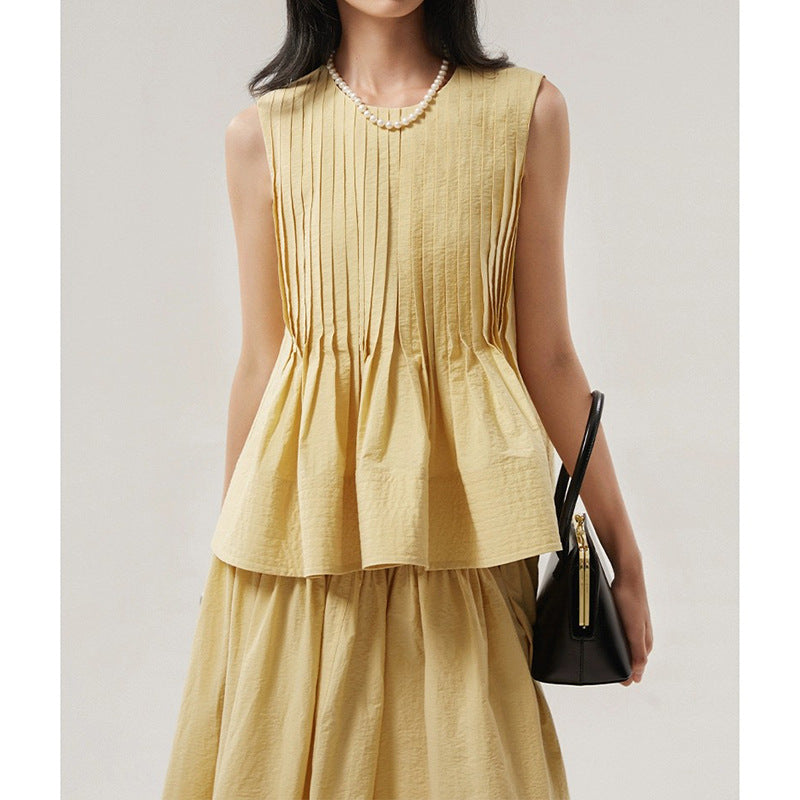 Woolen Cotton Tucker Pleats Sleeveless Bud Top Mid-length Dress Set