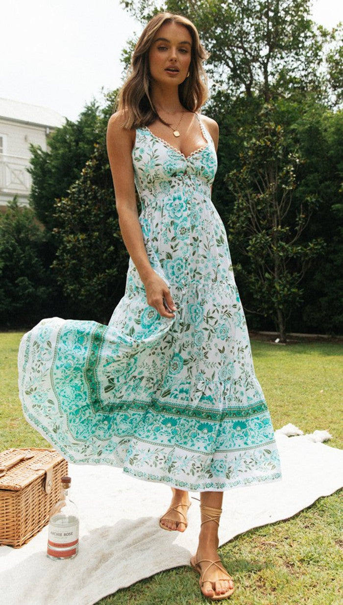 Damen V-Ausschnitt Positionierung Floral Maxikleid Rückenfreies Schnürkleid