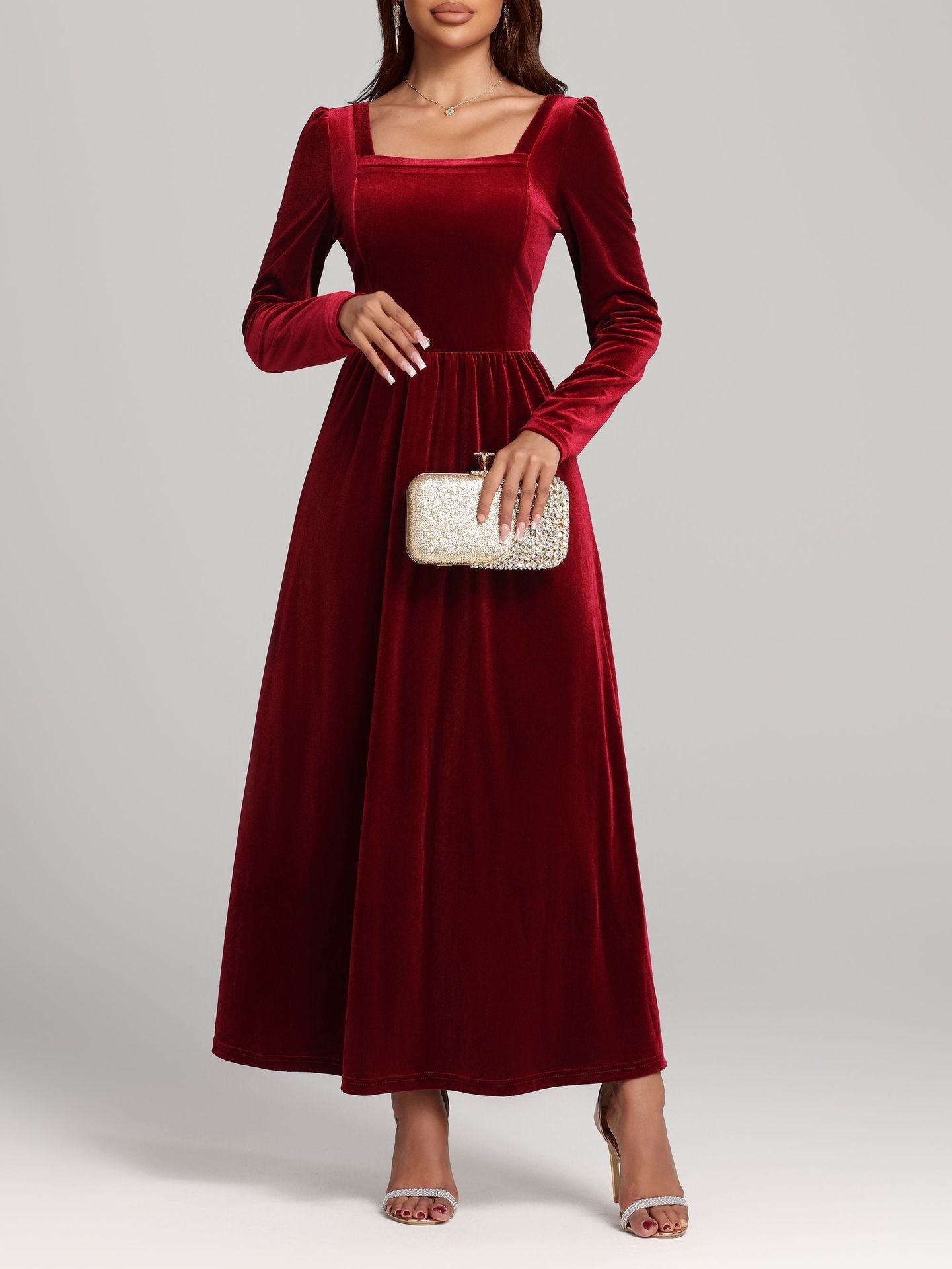 Herbst Winter Rotes Abend Maxikleid Pleuche Kleid