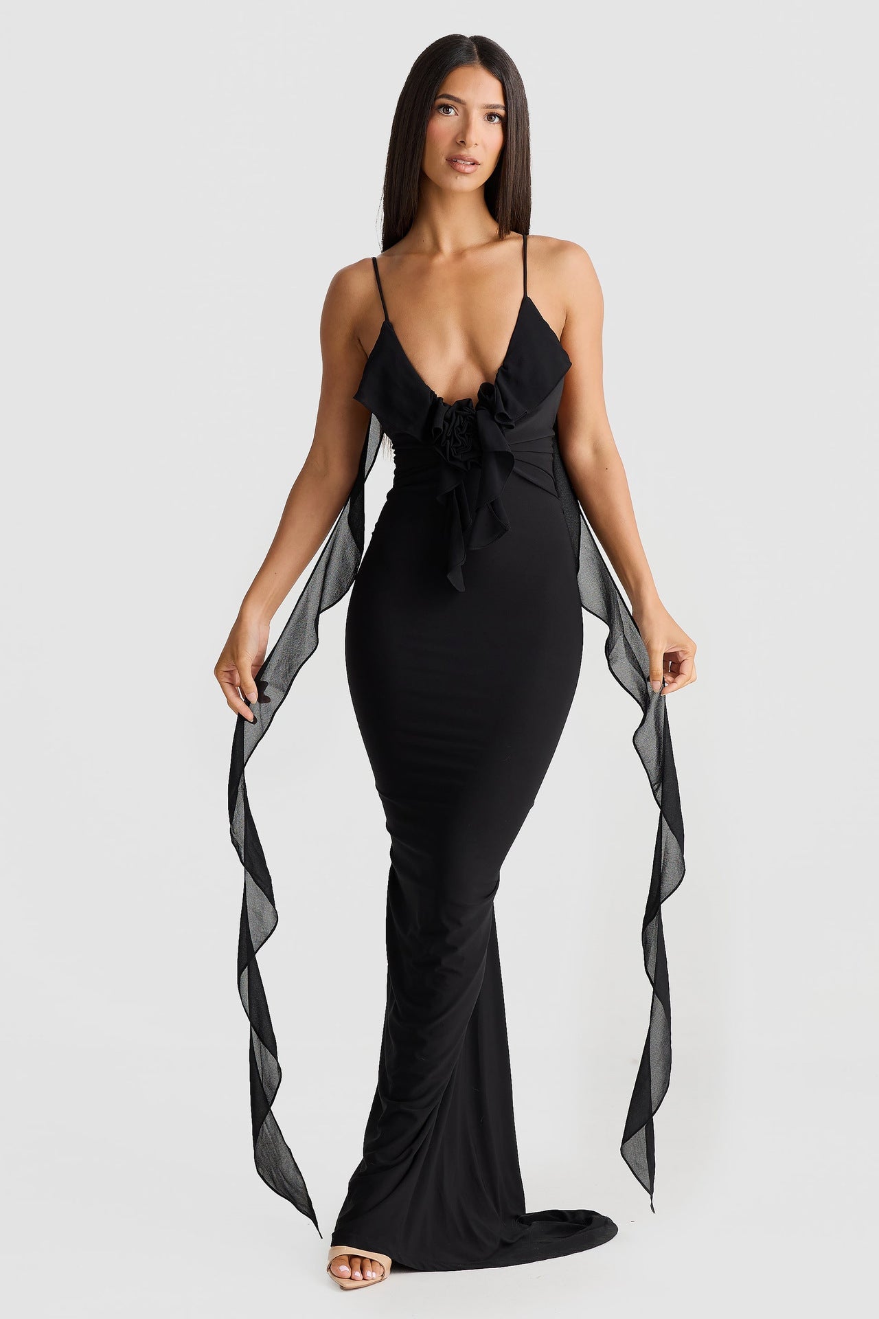 Damen Sommer Sexy Kleid V-Ausschnitt Rückenfrei Slim Fit Schultergurt Fischschwanz Abendkleid