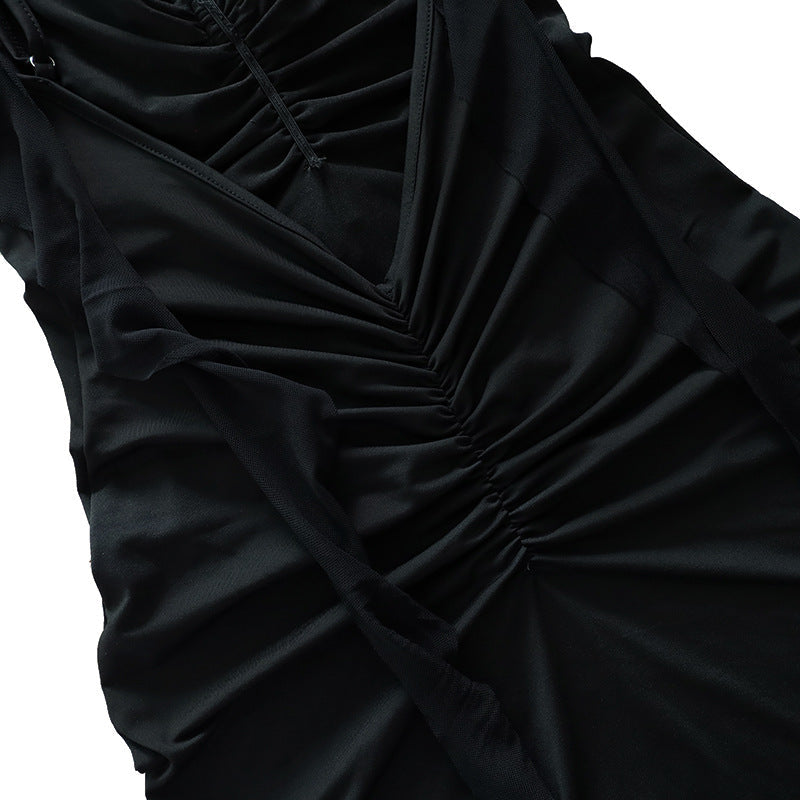 Damen Sommer Sexy Kleid V-Ausschnitt Rückenfrei Slim Fit Schultergurt Fischschwanz Abendkleid