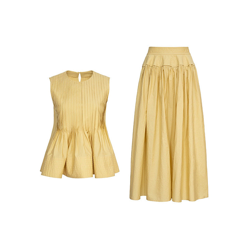 Woolen Cotton Tucker Pleats Sleeveless Bud Top Mid-length Dress Set