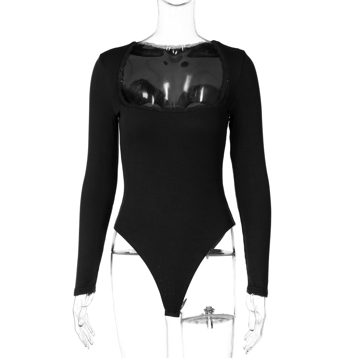 Women Clothing Winter Sexy Square Neck Lace Slim Fit Base Long Sleeve Jumpsuit